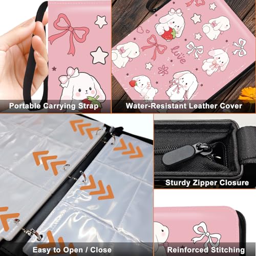 Card Binder 9 Pocket Trading Card Holder Fits 1008 Cards with 56 Removable Sleeves Portable Leather Collection Card Ablum Game Card Case Book with Zipper for Gift (Pink Cute Rabbit) - style: Pink Cute Rabbit Card Albums