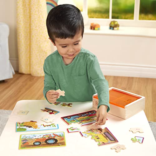 B. toys Wooden Puzzle Set, Pack o' Puzzles Trucks, 4 x 12 Pieces, Wood Toys | 4 truck-themed wooden with storage box, color-coded backs, easy-hold pieces, 48 puzzle pieces, Trucks, Wood Toys, 3+ Years - style: Trucks