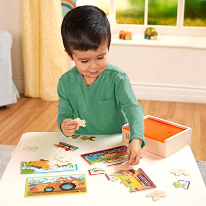 B. toys Wooden Puzzle Set, Pack o' Puzzles Trucks, 4 x 12 Pieces, Wood Toys | 4 truck-themed wooden with storage box, color-coded backs, easy-hold pieces, 48 puzzle pieces, Trucks, Wood Toys, 3+ Years - style: Trucks