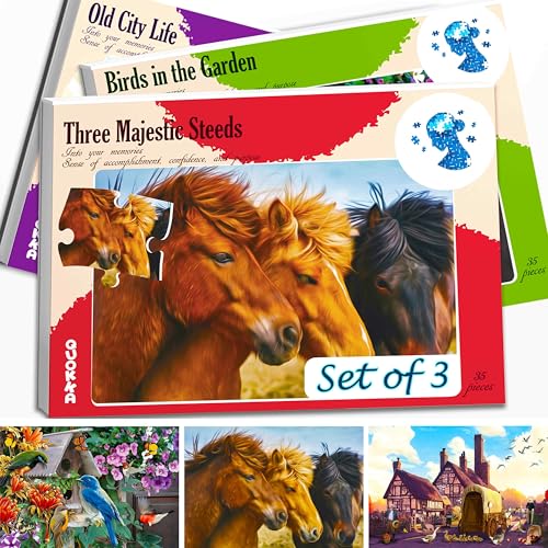 QUOKKA 35 Piece Dementia Activities for Adults - 3 Set Dementia Puzzles for Elderly - Large Piece Gifts Products for Seniors - Alzheimers Jigsaw Puzzle Games for Adults - Birds, Steeds, and Old City