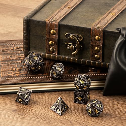 7PCS DND Dice Set, Premium Hollow Metal Polyhedral Dice with Treasure Chest & Dice Bag, Gift for Men & Women, Dungeons and Dragons, TTRPG RPG Tabletop Games (Black) - color: Black