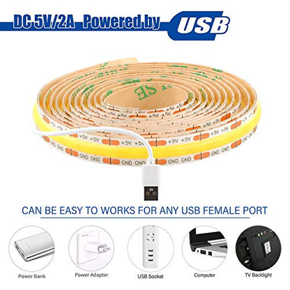 dephen 5V USB LED Light Strip 4.9ft, 4000K Daylight Under Cabinet Lighting | Soft Dotless COB String, Flexible and Cuttable, CRI 90, Sticky Plug in Tape for TV Backlight, Mirror, Bedroom, Computer, DIY - size: 4.92ft-4000K-USB
