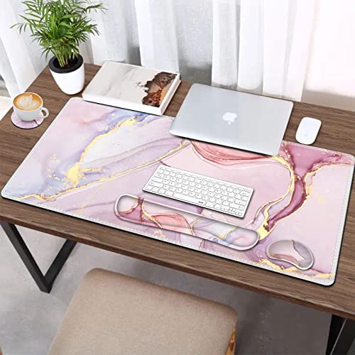 AIMSA Large Gaming Mouse Pad Set, Keyboard Wrist Rest Support Mouse Pad, Ergonomic Memory Foam Multifunctional Extended Desk Mat 35x15.7in Anti-Slip Rubber Base for Office Home, Pink Purple Marble - color: Pink Purple Marble