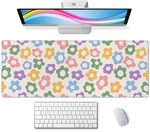 Vintage Groovy Flowers Desk Mat Large Gaming Mouse Pad XL Extended Mousepad Desk Pad Big Keyboard Pad Desktop Mouse Mat 31.5"x11.8" Deskmat for Gamers with Stitched Edges Non-Slip Rubber Base - color: Vintage Groovy Flowers