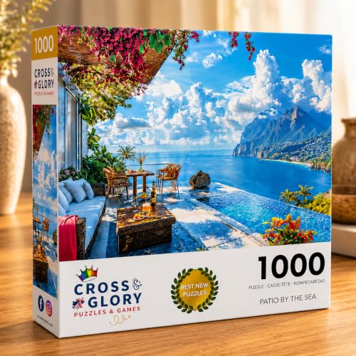 Cross & Glory | 1000 Piece Jigsaw Puzzles for Adults | Patio by the Sea | Serene Coastal Patio and Ocean View Puzzle | 2mm Thick Pieces | Bonus Reference Poster | Satin Finish | Ages 14+ - color: Patio By the Sea