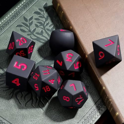 7-Piece Jumbo Silicone DND Dice Set, 25mm Oversized D&D Dice | Round Edges Soft Perfect Bouncer Compatible with Dungeons and Dragons RPG Bar Pub Club Party Games - color: Black W/Red Numbers