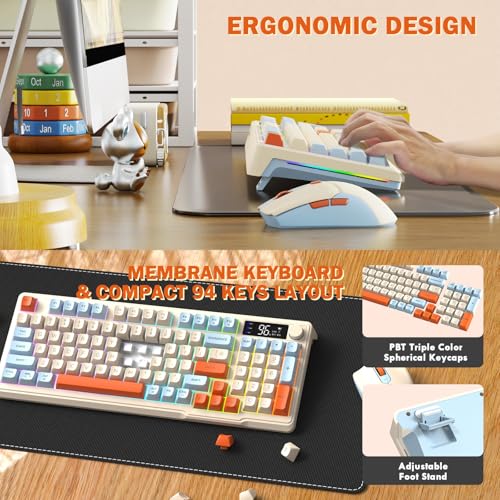 FREEWOLF T96 Smart Display Wireless Gaming Keyboard and Mouse Comb, 94Key LED Lighting Rechargeable Silent Membrane Keyboard with Knobs, 2000mAh Battery, 6-Button 4KDPI Mouse for Win/Mac(Blueberry) - color: Blueberry