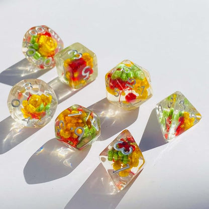 Sage’s Portal Cantrips DND Dice Set - Round Edge Resin 7-PC Polyhedral DND Dice Set for Dungeons and Dragons D&D RPG Tabletop TTRPG (Red/Yellow/Green Flowers) - color: Tri Flowers