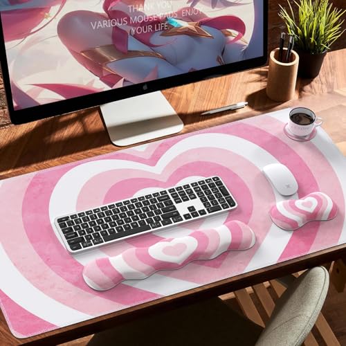 iLeadon Desk Mat Set, Pink Heart Mouse Pad and Keyboard Wrist Rest | Large Gaming Mouse Pad + Keyboard Wrist Rest + Mouse Pad with Wrist Support + Coaster,Easy Typing Pain Relief - color: Pink Heart