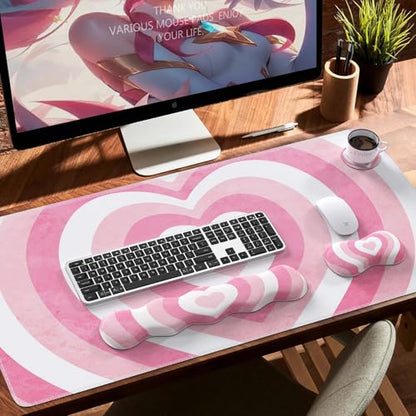 iLeadon Desk Mat Set, Pink Heart Mouse Pad and Keyboard Wrist Rest | Large Gaming Mouse Pad + Keyboard Wrist Rest + Mouse Pad with Wrist Support + Coaster,Easy Typing Pain Relief - color: Pink Heart