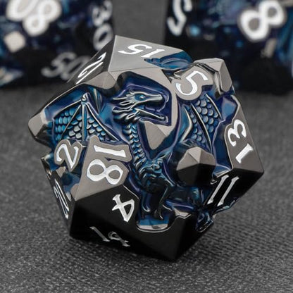 Roycevon Relief Dragon DND Dice Set for Role Playing Game, 7Pcs Metal D&D Dice Set Dungeons Dragons with Gift Box, Polyhedral D and D Dice D20 D12 D10 D8 D6 D4, Blue and White - color: Blue and White