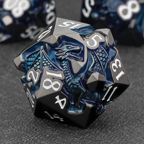 Roycevon Relief Dragon DND Dice Set for Role Playing Game, 7Pcs Metal D&D Dice Set Dungeons Dragons with Gift Box, Polyhedral D and D Dice D20 D12 D10 D8 D6 D4, Blue and White - color: Blue and White