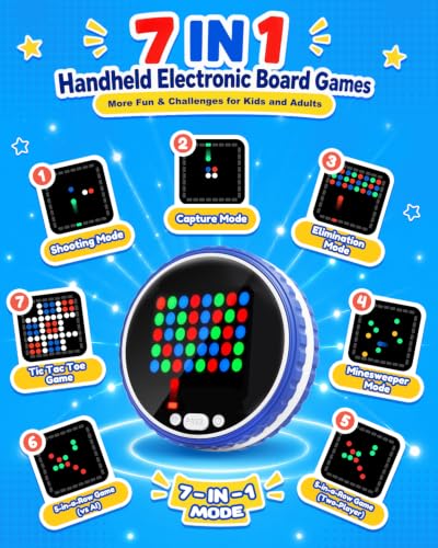 Handheld Electronic Board Games,7-in-1 Portable Travel Games with 5-in-a-Row & Tic-Tac-Toe,Birthday Gifts for Kids Adults,Strategy Family Game for Car Rides/Airplane/Camping,Brain Toy for Kids Ages 6+