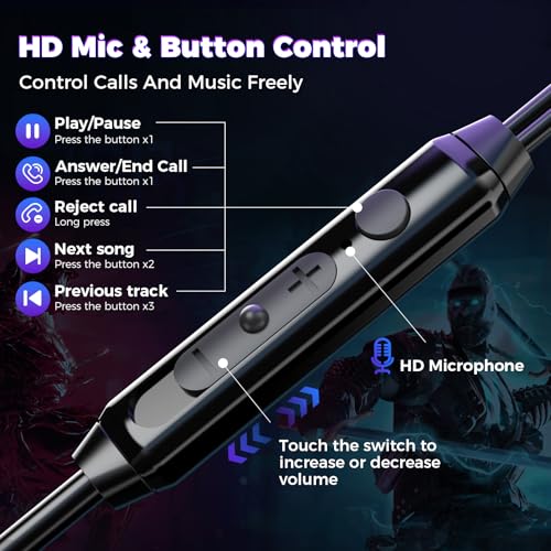 BlueFire Wired Gaming Earbuds with Microphone, Deep Bass in-Ear Monitors Earphones, HiFi Noise Cancelling Headphones for Music Gaming Video Calling