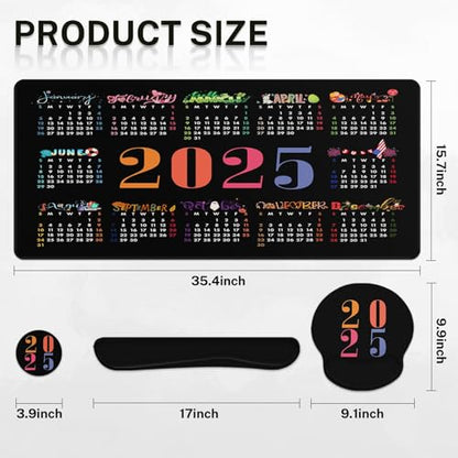 Arttown Keyboard Mouse Pad Set, 4 in 1 Desk Mat Set Calendar 2025 | Black Month Day Large Mousepad+Keyboard Wrist Rest+Mouse Wrist Rest+Coaster Ergonomic Design for Home Office Computer - color: Calendar 2025 Year