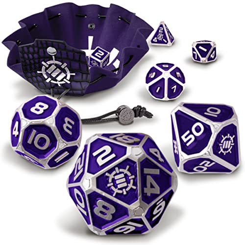 ENHANCE DND Metal Dice Set - 7pc Polyhedral Dice with 2-in-1 Vegan Leather Bag and Tray, Solid Metal Set for Dungeons and Dragons, Pathfinder, More RPGs (Collector's Edition Purple) - color: Dragon Purple