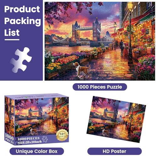 1000 Piece Puzzle for Adults, Tower Bridge of London Puzzles, Street Scenes Jigsaw Puzzles 1000 Pieces, Fun Landscape Puzzle for Adults Kids Seniors,Challenging Family Game Great Gift Idea, 28*20 in - style: Tower Bridge of London
