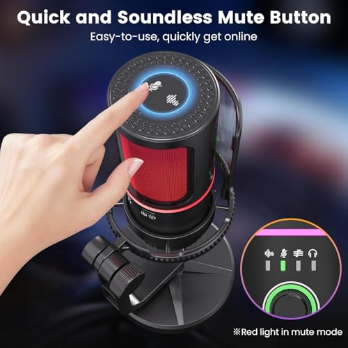 Gaming Microphone with Noise Cancelation & Gain Control | USB PC Mic for Streaming, Gaming, Podcasts, PS4 -Includes Pop Filter, Shock Mount, Quick Mute & RGB Lighting