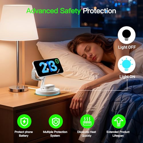 【Adjustable Blue Ambient Light】 Wireless Charger 3 in 1 for iPhone, Magnetic Charging Station for Apple Family,15W Fast MagSafe Charger Stand,for iPhone17-12-iWatch AirPods Series - color: White