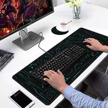 Desk Pad Mat Gaming Mouse Pads with Coasters Set, Stitched Edges Design Mouse Pad XXL Large Mouse Pad for Laptop Computers Circuit Board Pattern Desk Writing Mat for Office & Home 31.5"x 11.8" - color: Circuit Board Pattern