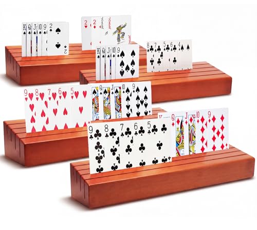 Wooden Playing Card Holders for Seniors, 4 Pack Card Holder Trays for Playing Cards, 10" Hands-Free Card Holders with 4 Slots for Adults, Kids, Arthritis Hands, Bridge, Poker, Canasta, Game Night