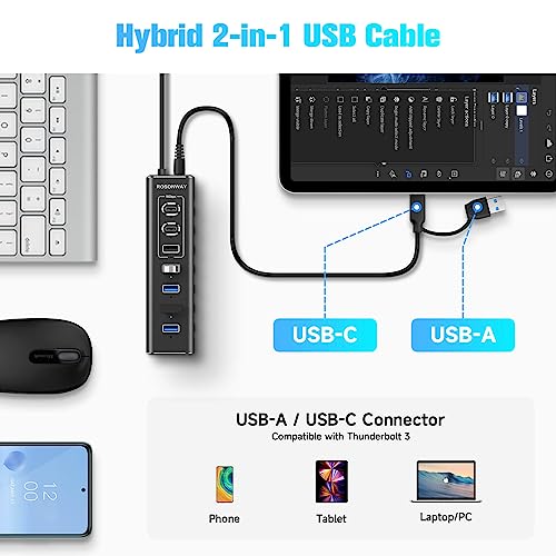 Powered USB Hub, Rosonway 7-Port USB 3.2/USB C Hub with 10Gbps USB-A 3.2, 2 USB-C 3.2, 4 USB 3.0 Ports, Individual Switches and 12V Power Adapter, Aluminum USB Port Expander for Laptop/PC, RSH-A107C - size: 7-Port Powered USB Hub