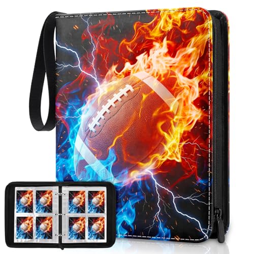 Football Card Binder, Sports Card Binder 4 Pocket Holds up to 400 Pockets with 50 Removable Sleeves, Zipper Football Cards Collection Binder for Sports & TCG Collectors - color: Flame Football, size: 4 pocket