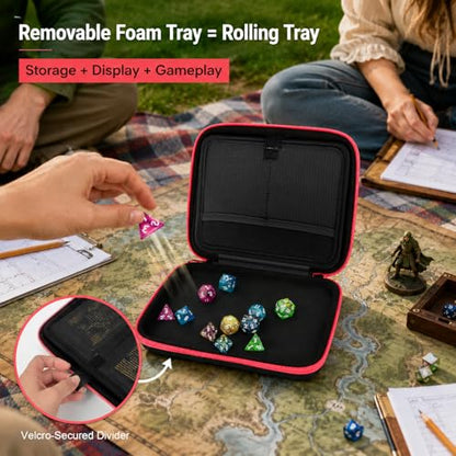 Hard DND Dice Case for 5 Polyhedral Dice Sets, Case Only | Hard shell dice case, holds 5 polyhedral sets, with removable divider and dual mesh pockets for DND/RPG game nights - color: Red
