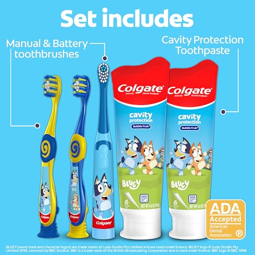 Colgate Kids Bluey Toothbrush and Kids Toothpaste Gift Set, Includes Bluey-Themed Battery Toothbrush, 2 Bubblegum Flavored Fluoride Toothpastes, and 2 Manual Toothbrushes - style: Bluey