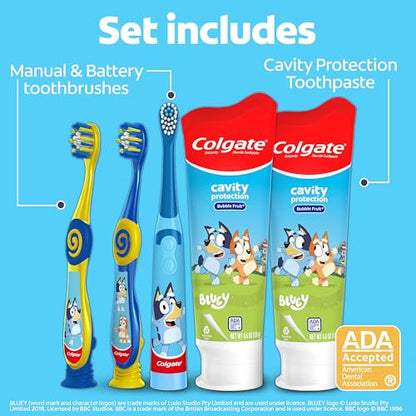 Colgate Kids Bluey Toothbrush and Kids Toothpaste Gift Set, Includes Bluey-Themed Battery Toothbrush, 2 Bubblegum Flavored Fluoride Toothpastes, and 2 Manual Toothbrushes - style: Bluey