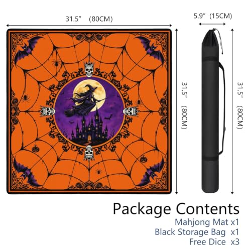 Orange Halloween Mahjong Mat for Table, 31.5*31.5in Anti Slip Mahjong Table Cover, Noise Reduction, Neoprene Mah jongg Mat with Carrying Bag & 3 Dices, Witch Scary Holiday Poker Board Tile Games Mats - color: Halloween01