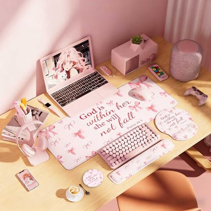 Desk Mat Set + Keyboard and Mouse Pad with Wrist Rest Support,4-in-1 Large Mousepad Computer Mats for Desktop Home & Office-Pink Bowtie - color: D4-Pink Bow Tie