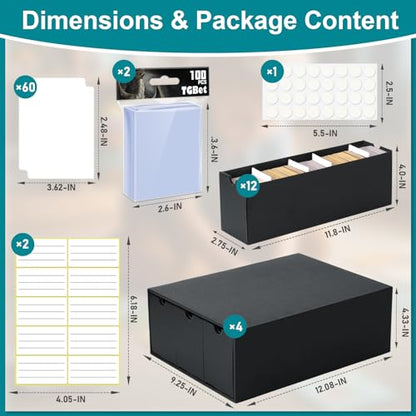 Trading Card Storage Box with Slide-Out Drawers, 12-Pack Cardboard Organizer with 60 Dividers, 200 Soft Sleeves & Labels for Collectible Card Games, MTG, TCG & Sports Cards