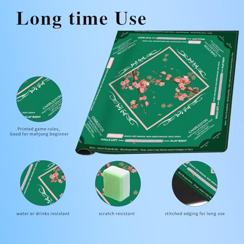 American Mahjong Mat Dark Green Plum Blossoms Design | 31.5" x 31.5" Mahjong Table Mat Non Slip Backing Smooth Surface with Velvet Bag Storage for Mahjong Tiles Player - color: Dark Green Plum Blossoms