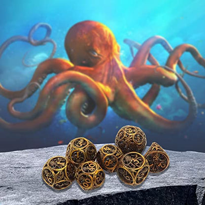 DND Dice,Hollow D&D Metal Dice,Unique Round Ball Design Octopus Dice with Gift Box for Dungeons & Dragon Gaming,7 PCs Steampunk Polyhedral D and D Dic(Ball Octopus Ancient Gold) - color: Ball Octopus Ancient Gold
