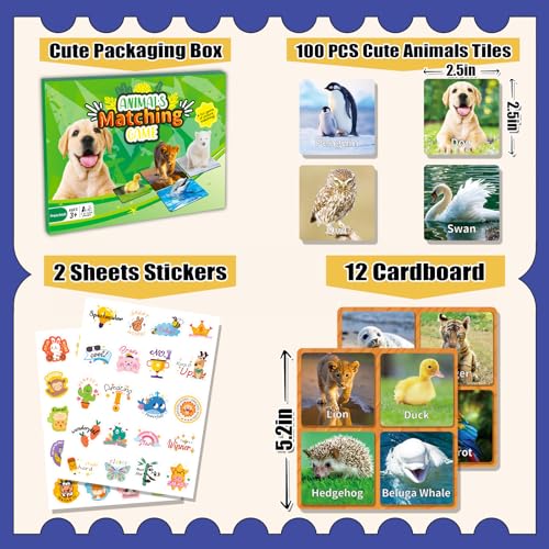 YTSQLER 100 PCS Animal Memory Matching Game | For kids Ages 4-8, toddlers 3-5, Preschool Learning Activities, Family Board Game, Animal Learning Card Game