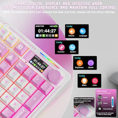LINGBAO K98 PRO Anime Mechanical Keyboard Wireless, with Screen & Knob,RGB Gaming Keyboard, Tri-Mode BT5.0/2.4GHz/USB-C, Gasket Mount Hot Swappable Linear Switches Gamer Keyboards for PC/Mac/Android - color: K98Pro | 10000mAh | Anime Pink