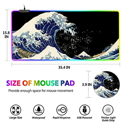 RGB Gaming Mouse Pad Large, AIMSA Keyboard Led Mousepad Extended 35.4 x 15.8 inch Non-Slip Rubber Base with 14 Lighting Modes, Big Desk Mat Waterproof, Big Waves - color: Big Waves