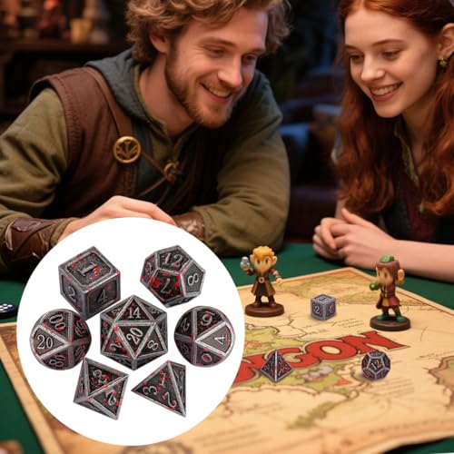 Metal Dice Set, 7pcs Polyhedral Metal DND Dice Set, DND Starter Set, D&D Gifts with Gift Bag, Role Playing Board Games Accessories, Bloodstained Silver - color: Bloodstained Silver + Gift Bag