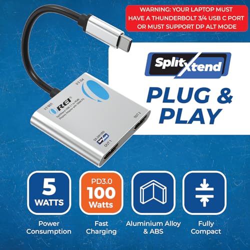 OREI SplitExtend HDMI Splitter Extended Display for Windows Only Dual Monitor - Multi-Monitor Display 3 Separate Screens - USB-C Adapter to HDMI 2.0, 4K@30Hz Outputs - 100W PD and USB 2.0 Input | OREI SplitExtend HDMI Splitter Extended Display for Windows