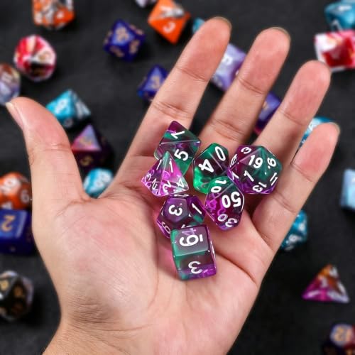 QMAY DND Dice Set -D&D Polyhedral Dice (7 Pcs) for Dungeons and Dragons (Purple Green Transparent) - color: Purple Green Transparent