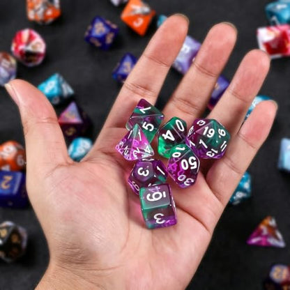 QMAY DND Dice Set -D&D Polyhedral Dice (7 Pcs) for Dungeons and Dragons (Purple Green Transparent) - color: Purple Green Transparent