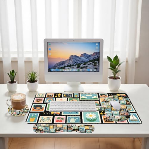 Retro Stamps Desk Mat Set Colorful Collage Large Mouse Pad with Wrist Rest 4in1 Desk Mat for Desktop Ergonomic Keyboard Wrist Support Anti-Slip Computer Ergonomic Mouse Pad Home Office Gaming - color: Retro Stamps