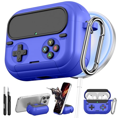 Getino Retro Game Case for AirPods Pro 3 | Game Console Design Protective Cover with Foldable Stand, Secure Lock Anti-Drop Shockproof PC+TPU Case, Keychain & Cleaning Kit for Men & Boys, Blue - color: Blue