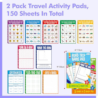 Gethelud 2 Pack Road Trip Game Pads, 10 Games (Categories, Dot & Boxes, Tic-tac-Toe, Scavenger Hunt Bingo), Pen Pencil Paper Game, Plane Trip/Car Travel/Getaway Activity Pad for Kid, Adult - style: Classic+Scavenger hunt bingo