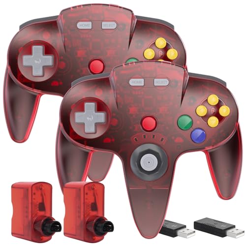 2 Pack Wireless N64 Controller for Switch 1 & 2, N64 Console, Clear Red | (Built-in Vibration) (Rechargeable) (3D Analog Stick), 2.4 GHz USB & N64 Receiver Made for Switch Online, Windows PC, macOS - color: Transparent Red