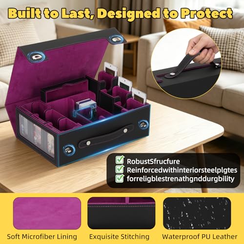 MTG Commander Deck Box with Handle, 6Removable Boxes,2-Row Case & Dice Tray | 9-in-1 Large Card Storage Box, Holds 1400+ Double-Sleeved Cards, Display Window,Mag Holders, Latch Closure,Fit TCG/EDH,Purple - color: Purple