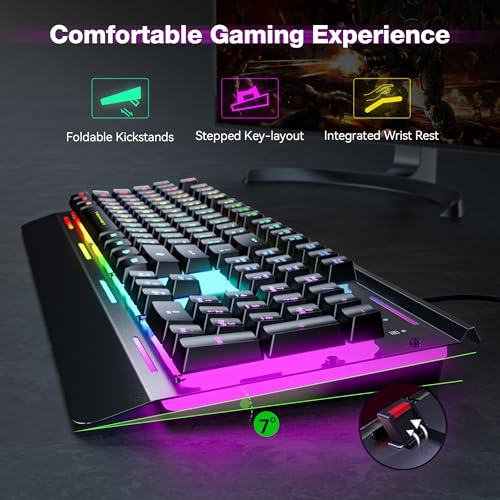 TECKNET Wired Gaming Keyboard, Whisper Quiet Switches,15-Zone RGB Illumination, IP32 Water Resistance, Silent Keyboard Quiet Typing, USB-A Wired Keyboard for Office/Gaming