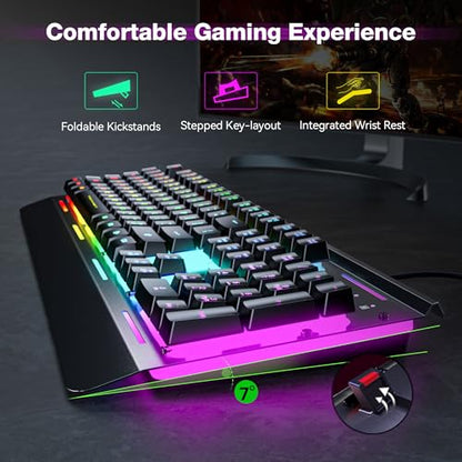 TECKNET Wired Gaming Keyboard, Whisper Quiet Switches,15-Zone RGB Illumination, IP32 Water Resistance, Silent Keyboard Quiet Typing, USB-A Wired Keyboard for Office/Gaming