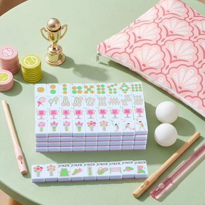 Cuffbow Tennis Themed Engraved American Mahjong Tile Set 160 Quality White Tiles (1.2 Inch, Tiles Only) Mini American Mahjong Game Set for Ideal Gifts, No Additional Accessories(Tennis, Pink) - color: Pink, style: Tennis